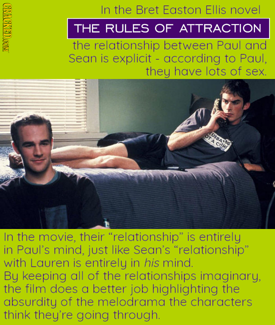 CRACKEDCONT In the Bret Easton Ellis novel THE RULES OF ATTRACTION the relationship between Paul and Sean is explicit according to Paul, they have lot