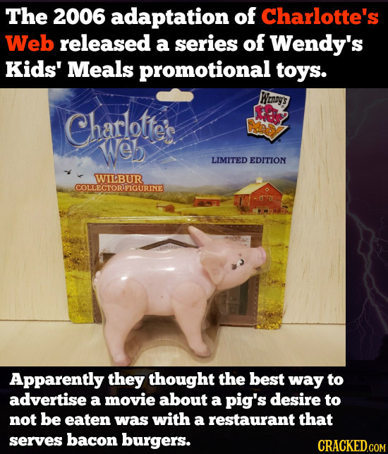 The 2006 adaptation of Charlotte's Web released a series of Wendy's Kids' Meals promotional toys. Wenys Chatlotfe's Web LIMITED EDITION WILBUR COLLECT