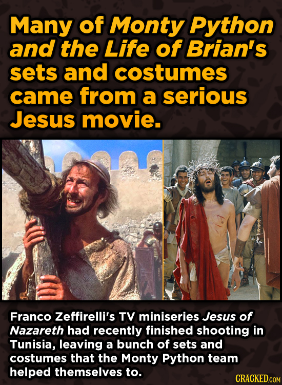Iconic Movies You Didn’t Know Reused Their Props And Sets - Many of Monty Python and the Life of Brian's sets and costumes