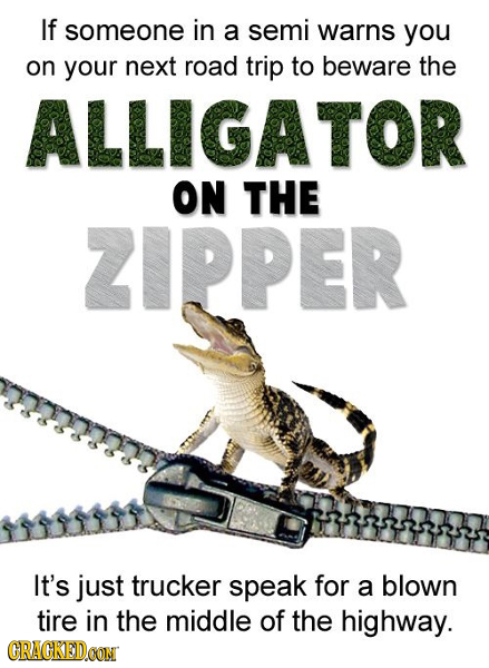 If someone in a semi warns you on your next road trip to beware the ALLIGATOR ON THE 2IPPER It's just trucker speak for a blown tire in the middle of