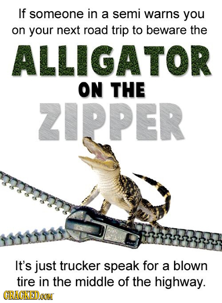 If someone in a semi warns you on your next road trip to beware the ALLIGATOR ON THE 2IPPER It's just trucker speak for a blown tire in the middle of 