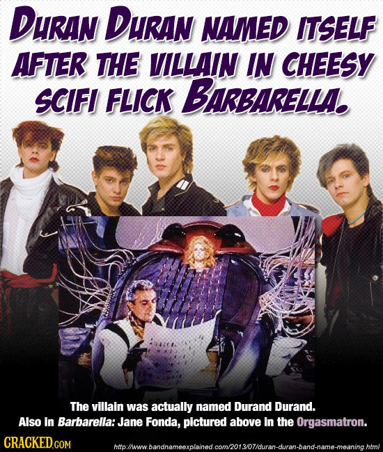 DuRAN DURAN NAMED ITSELF AFTER THE VILLAIN IN CHEESY SCIFI FLICK BARBARELLAE The villain was actually named Durand Durand. Also in Barbarella:Jane Fon