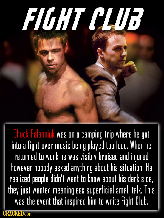 FIGHT CLUB Chuck Palahniuk was on a camping trip where he got into a fight played too loud. When he over musIC being returned to work he was visibly b