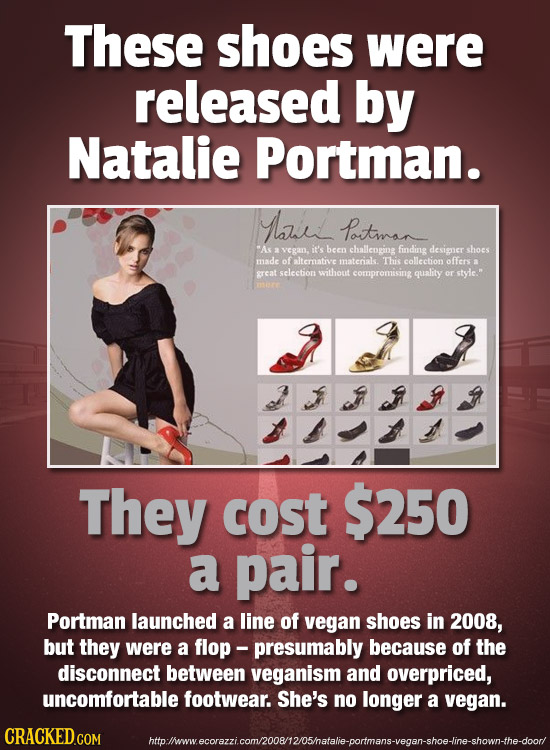 These shoes were released by Natalie Portman. Mau Potman As vegan, st's been challeoging finding designer shoes a made of alternative materials. This
