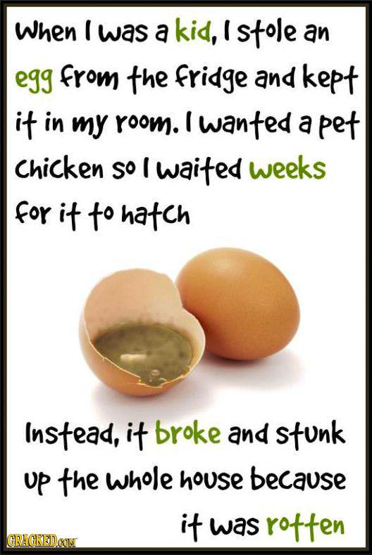 When E was a kid, stole an egg from the fridge and kept it in my ROOM. I wanted a pet Chicken so I waited weeks for it to hatch Instead, it broke and