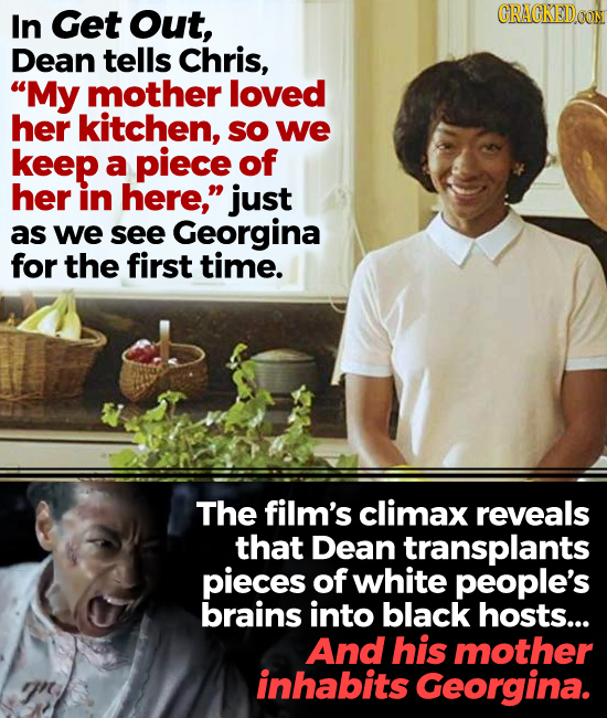 In Get Out, CRACKEDOON Dean tells Chris, My mother loved her kitchen, so we keep a piece of her in here, just as we see Georgina for the first time.