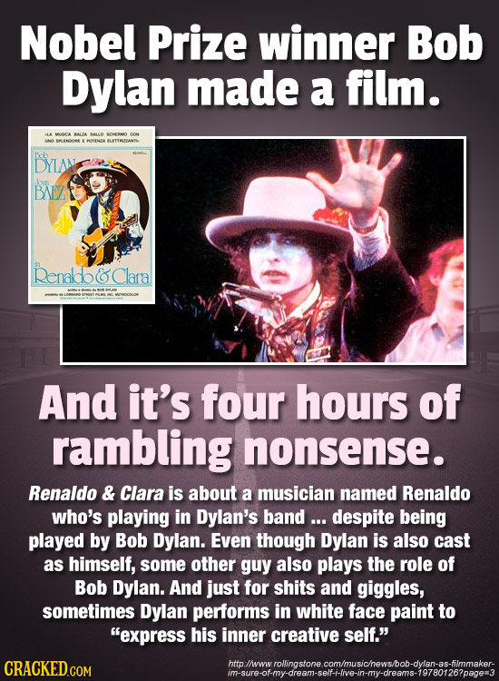Nobel Prize winner Bob Dylan made a film. MMICA BALTA SALLO SEMRMO oon OPENZA DYLAN bn BAEZ penaldo& Clara And it's four hours of rambling nonsense. R