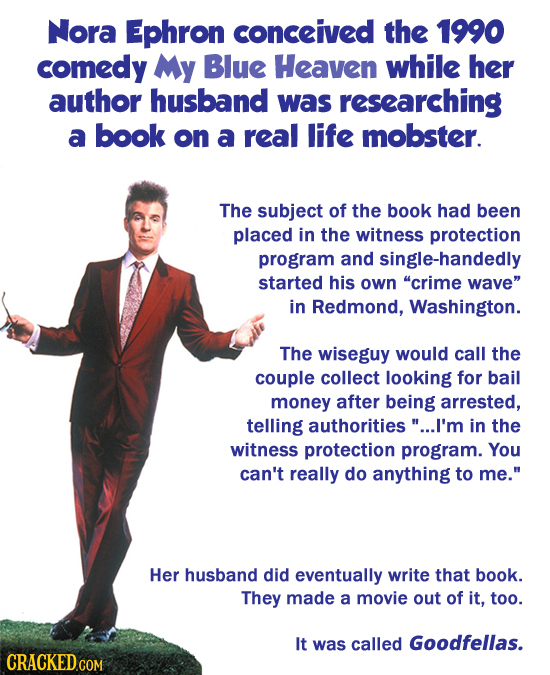 Nora Ephron conceived the 1990 comedy My Blue Heaven while her author husband was researching a book on a real life mobster. The subject of the book h