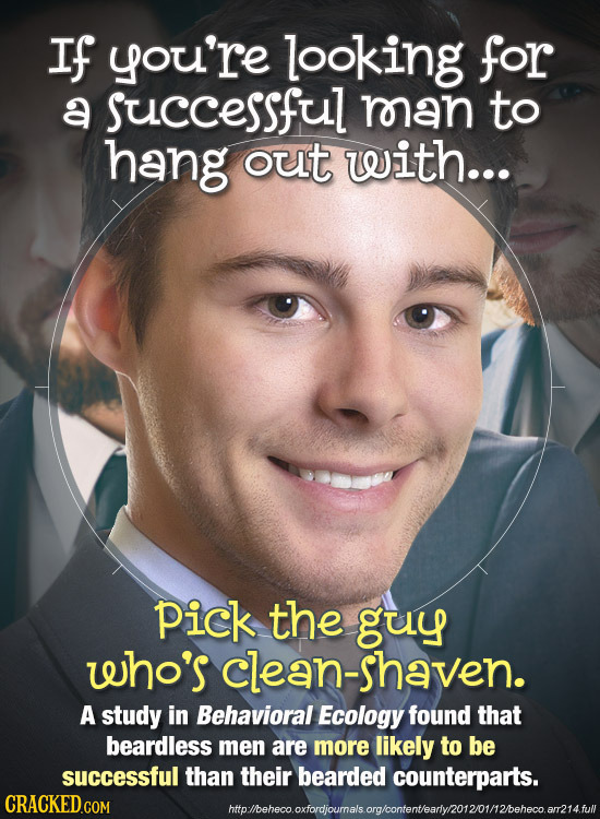 If you're looking for a successful man to hang out with... pick the guy who's clean-shaven. A study in Behavioral Ecology found that beardless men are