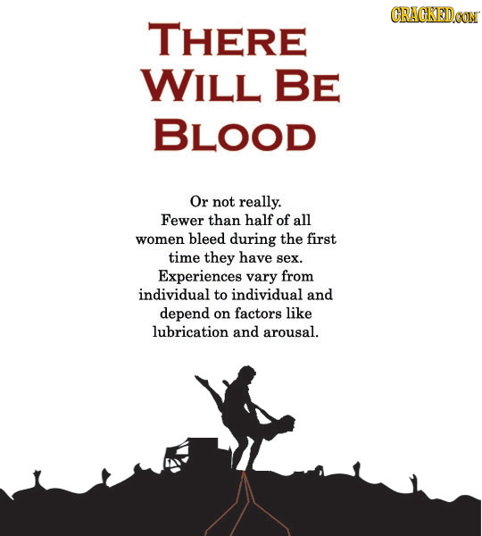 CRACKED THERE WIlL BE BLOOD Or not really. Fewer than half of all women bleed during the first time they have sex. Experiences vary from individual to