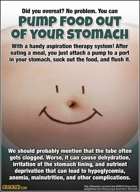 Did you overeat? No problem. You can pump FOOD OUT OF YOUR STOMACH With a handy aspiration therapy system! After eating a meal, you just attach a pump