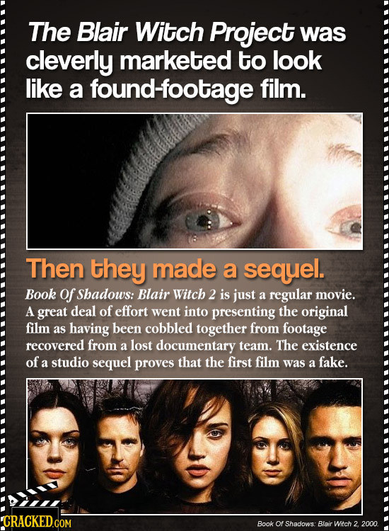 The Blair Witch Project was cleverly marketed to look like a found-footage film. Then they made a sequel. Book of Shadows: Blair Witch 2 is just a reg