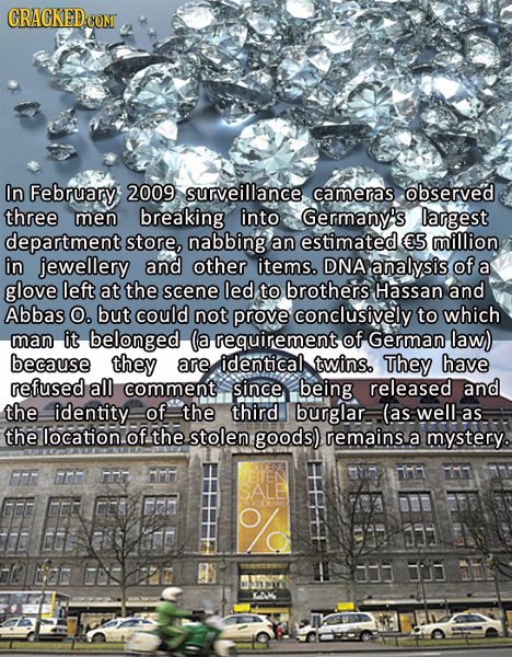 In February, 2009 surveillance cameras observed three men breaking into Germany's largest department store, nabbing an estimated 5 million in jeweller