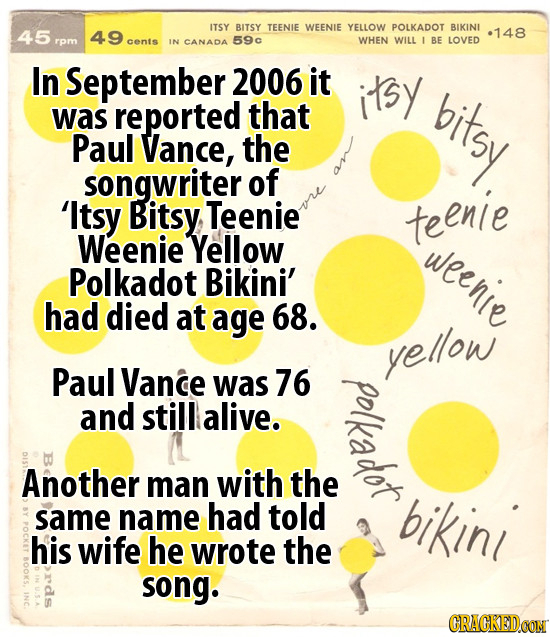 ITSY BITSY TEENIE WEENIE YELLOW POLKADOT BIKINI 45 49 148 rem cents IN CANADA 59c WHEN WILL BE LOVED In September 2006 it itsy bitsy was reported that