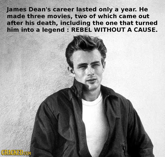 James Dean's career lasted only a year. He made three movies, two of which came out after his death, including the one that turned him into a legend :