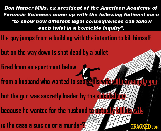 Don Harper Mills, ex president of the American Academy of Forensic Sciences came up with the following fictional case to show how different legal con