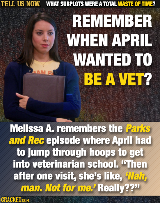 TELL US NOW. WHAT SUBPLOTS WERE A TOTAL WASTE OF TIME? REMEMBER WHEN APRIL WANTED TO AN BE A VET? Melissa A. remembers the Parks and Rec episode where