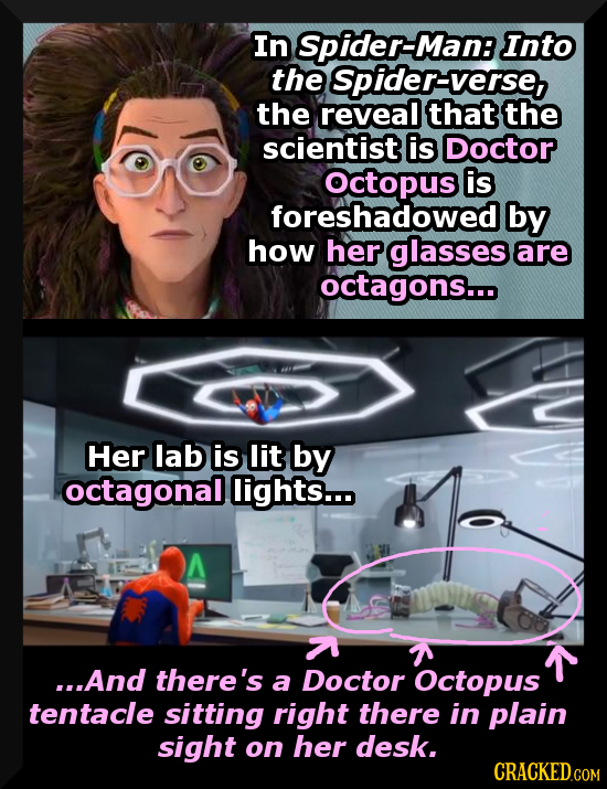 In Spider-Man: Into the Spider-verse, the reveal that the scientist is Doctor octopus is foreshadowed by how her glasses are octagons... Her lab is li