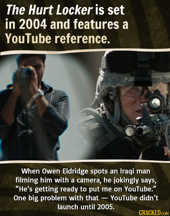 The Hurt Locker is set in 2004 and features a YouTube reference. When Owen Eldridge spots an Iraqi man filming him with a camera, he jokingly says, H