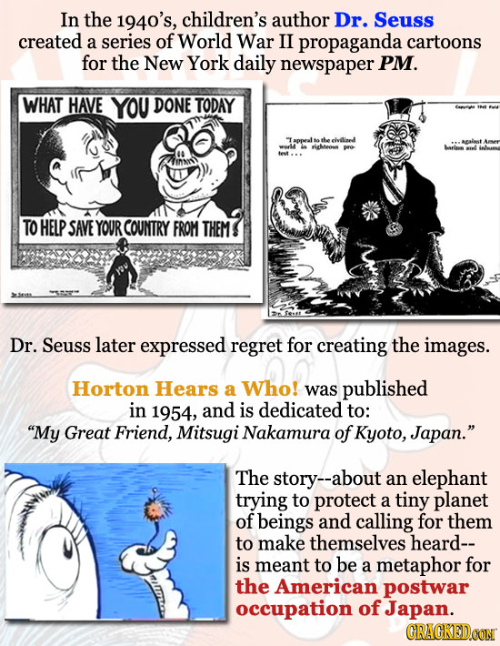 In the 1940's, children's author Dr. Seuss created a series of World War II propaganda cartoons for the New York daily newspaper PM. WHAT HAVE YOU DON