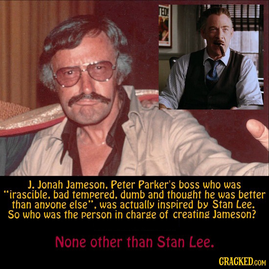 J. Jonah Jameson. Peter Parker's boss who was irascible. bad tempered. dumb and thought he was better than anyone else. was actually inspired by Sta