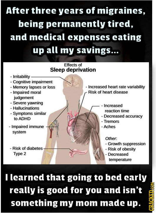 After three years of migraines, being permanently tired, and medical expenses eating up all my savings... Effects of Sleep deprivation - Irritability