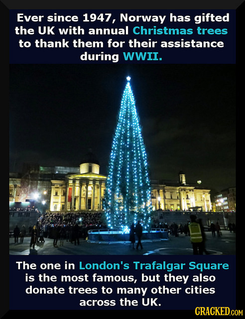 Ever since 1947, Norway has gifted the UK with annual Christmas trees to thank them for their assistance during WWII. The one in London's Trafalgar Sq