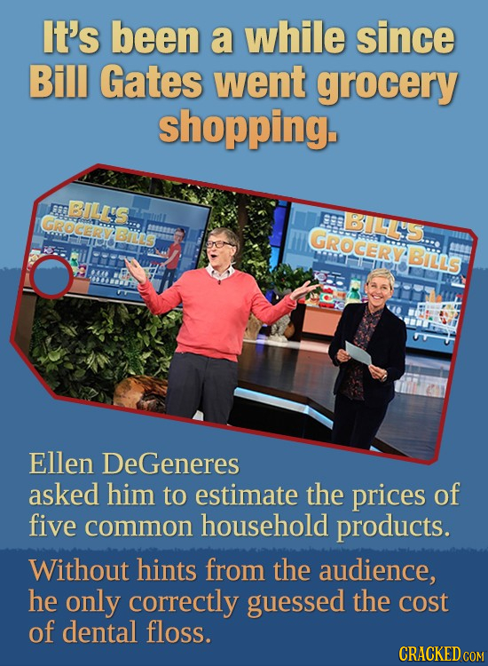 It's been a while since Bill Gates went grocery shopping. GER BULL'S GROCERV LS Bilins GROCERYBILLS Ellen DeGeneres asked him to estimate the prices o