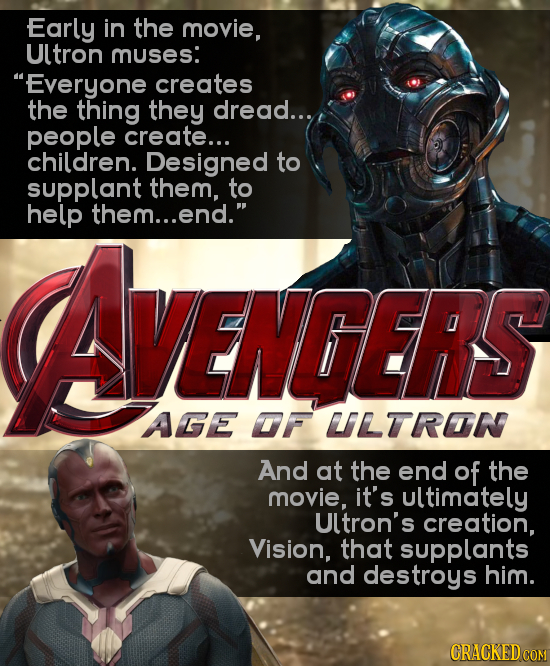 Early in the movie, Ultron muses: Everyone creates the thing they dread... people create... children. Designed to supplant them, to help them...end.