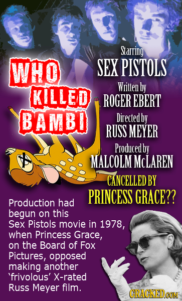 Starring WHO SEX PISTOLS Witten KILLED by ROGER EBERT BAMBO Directed by RUSS MEYER Producedby MALCOLM MCLAREN CANCELLED BY PRINCESS GRACE?? Production