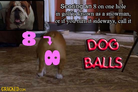 Scoring an 8 on one hole in golf is known as a snowman, or if you tuurn it sideways, call it 8 7 DOG 8 BALLS CRACKED CON
