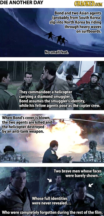 DIE ANOTHER DAY GRACKEDo Bond and two Asian agents (probably from South Korea) slip into North Korea by riding through heavy waves on surfboards. Nosm