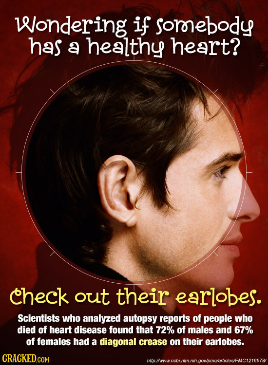 Wondering if sorebody has a healthy heart? check out their earlobes. Scientists who analyzed autopsy reports of people who died of heart disease found