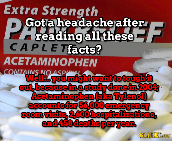 Extra Strength PG Got a headache after F reading all these CAPLET facts? ACETAMINOPHEN CONTAINS NO ASP Well... you might want to tough it out, because