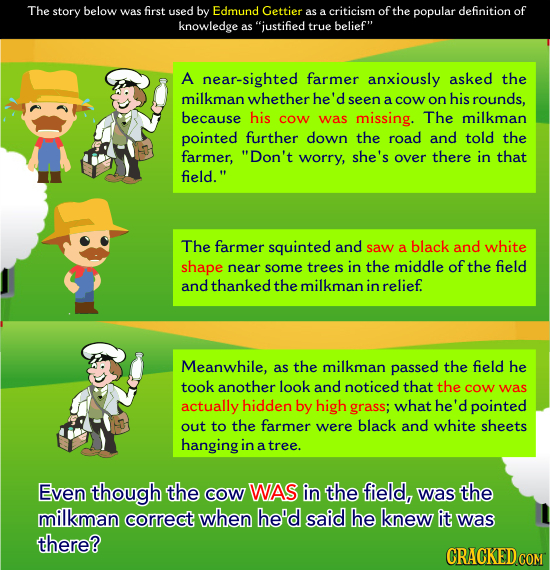 The story below was first used by Edmund Gettier as a criticism of the popular definition of knowledge as justified true belief A near-sighted farme