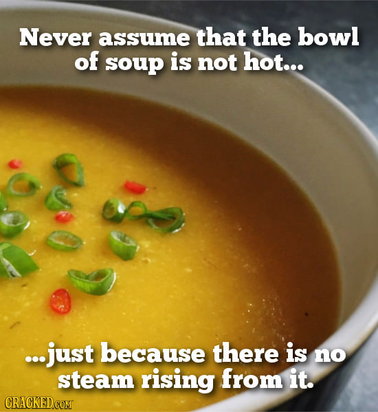 Never assume that the bowl of soup is not hot... ...just because there is no steam rising from it. CRACKED.COM