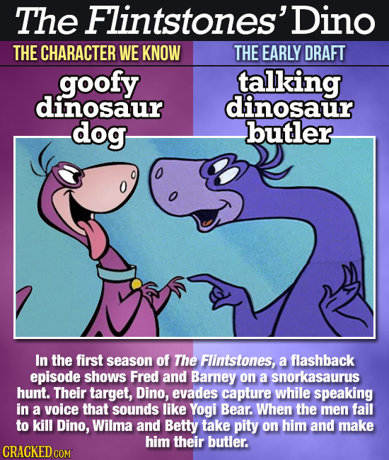 The Flintstones' Dino THE CHARACTER WE KNOW THE EARLY DRAFT goofy talking dinosaur dinosaur dog butler In the first season of The Flintstones, a flash