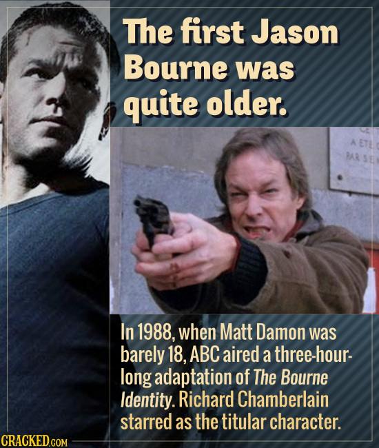 The first Jason Bourne was quite older. In 1988, when Matt Damon was barely 18, ABC aired a three-hour- long adaptation of The Bourne Identity. Richar