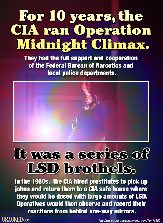 For 10 years, the CIA ran Operation Midnight Climax. They had the full support and cooperation of the Federal Bureau of Narcotics and local police dep