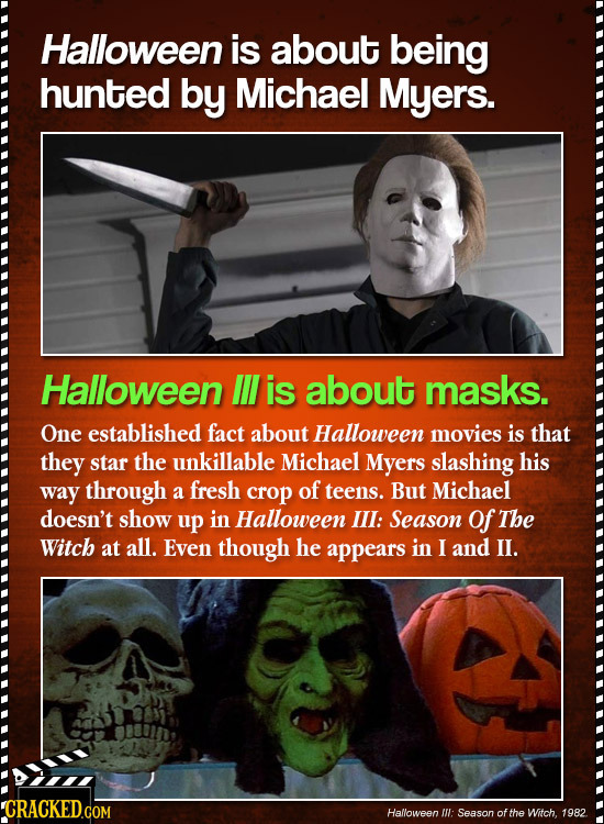 Halloween is about being hunted by Michael Myers. Halloween IL is about masks. One established fact about Halloween movies is that they star the unkil