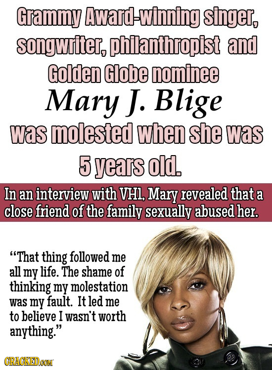 Grammy Award-winning singer, songwriter, philanthropist and Golden Globe nominee Mary J. Blige was molested when she was 5 years old. In an interview