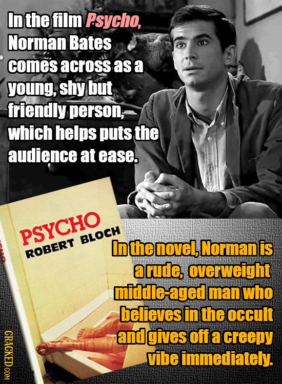 In the film Psycho, Norman Bates comes across as a young, shy but friendly person, which helps puts the audience at ease. PSYCHO BLOCH In the novel, N