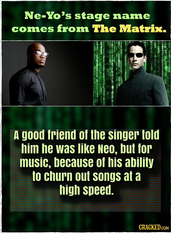 Ne-Yo's stage name comes from The Matrix. A good friend of the singer told him he was like NEO, but for music, because of his ability to churn out son