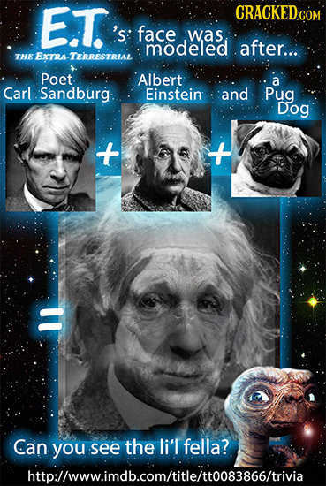 ET. CRACKED COM 's face was modeled after... THE ExTra-TERrestrial Poet Albert a Carl Sandburg Einstein and Pug Dog Can you see the li'l fella? http:/