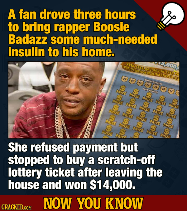 A fan drove three hours to bring rapper Boosie Badazz some uch-needed insulin to his home. 5,000 oVE $23000.000 IN CASNER PEIZES TR#E 3s00 S 8 S PRIzE