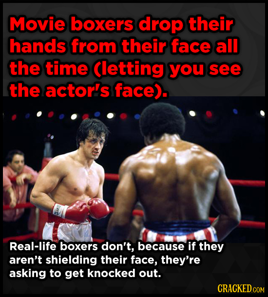 Movie boxers drop their hands from their face all the time (letting you see the actorl's face). Real-life boxers don't, because if they aren't shieldi