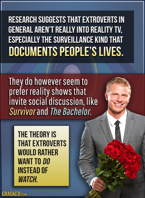 RESEARCH SUGGESTS THAT EXTROVERTS IN GENERAL AREN'T REALLY INTO REALITY TV, ESPECIALLY THE SURVEILLANCE KIND THAT DOCUMENTS PEOPLE'S LIVES. They do ho