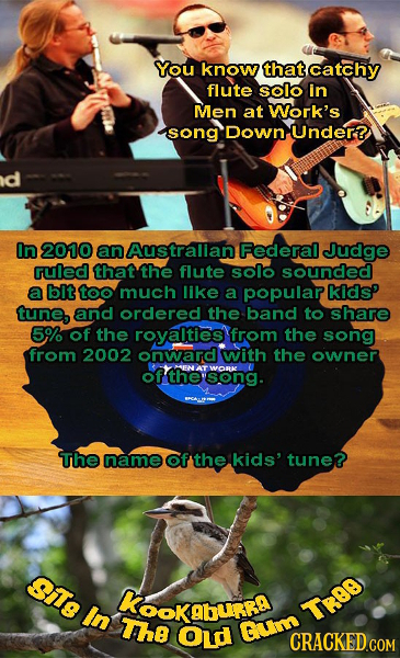 You know that catchy flute solo in Men at Work's song Down Under? d In 2010 an Australlan Federal Judge ruled that the flute solo sounded bit too much