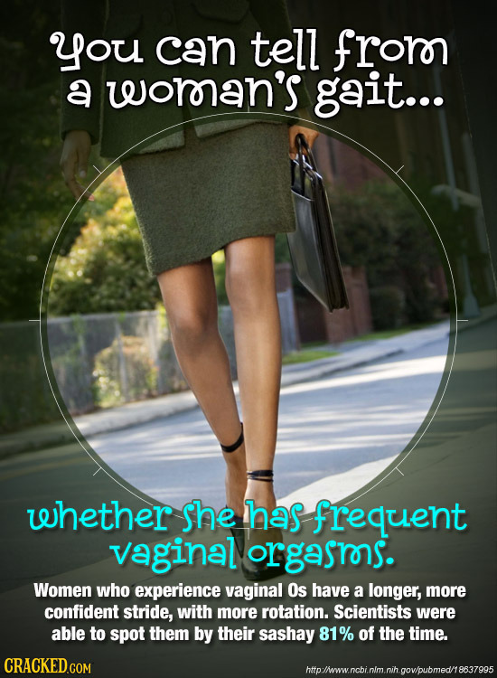 you can tell frorn a weoran's gait... whether she has frequent vaginal orgasrs. Women who experience vaginal Os have a longer, more confident stride, 