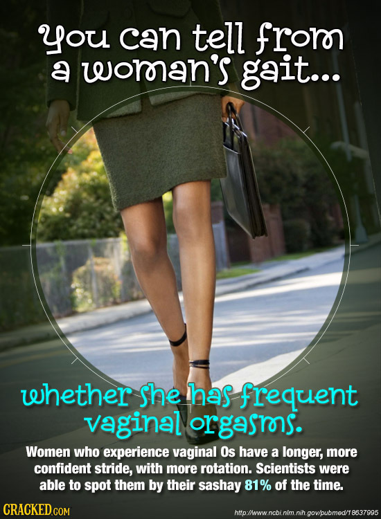 you can tell frorn a weoran's gait... whether she has frequent vaginal orgasrs. Women who experience vaginal Os have a longer, more confident stride,